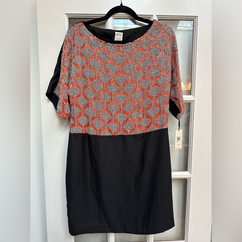 Ali Ro Black & Orange Chic Sequin Formal Cocktail Party Midi Dress Size 6 Nwt
